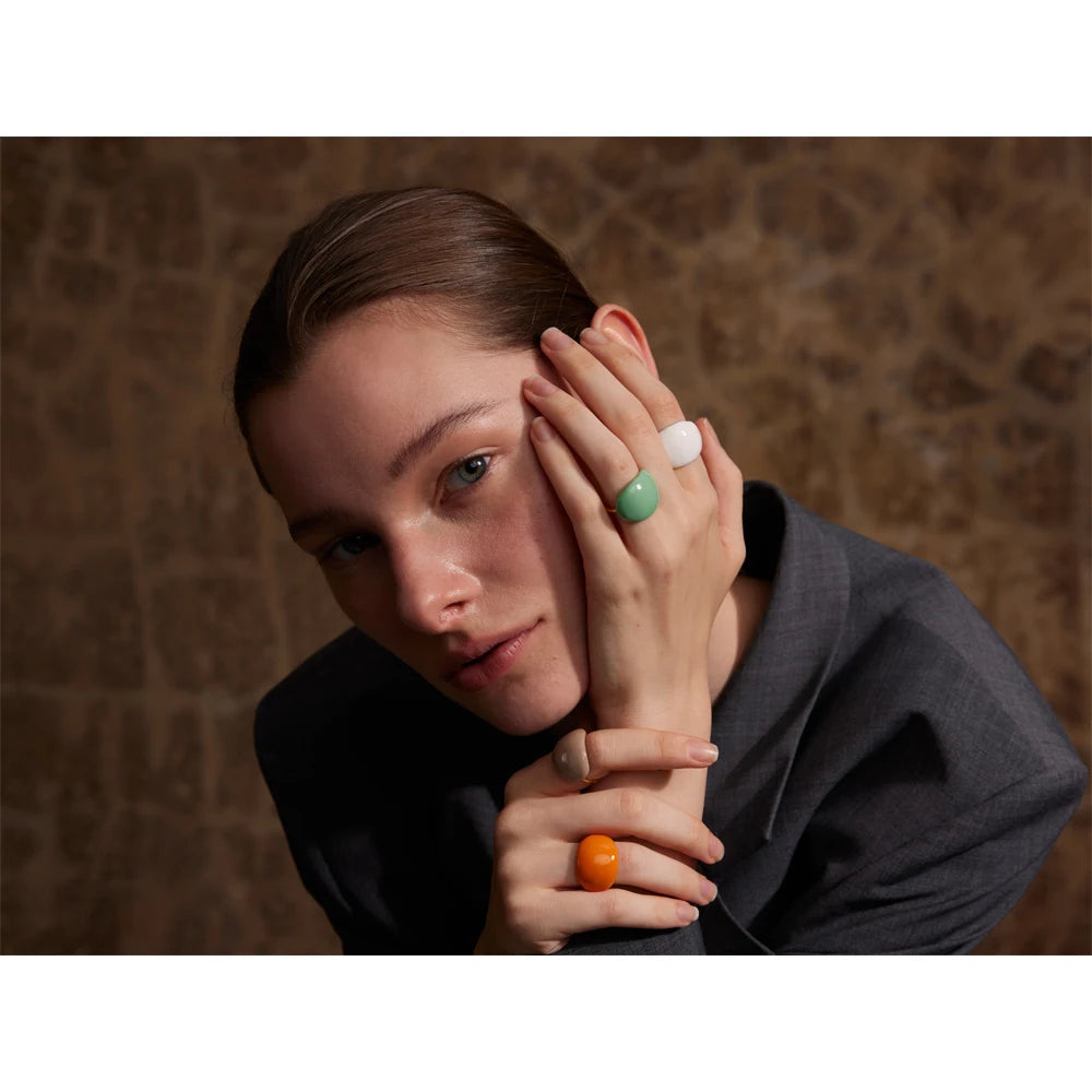 Joyful Multi-Color Ename Ring . Stainless Steel Fashion Jewelry, Waterproof Charm with Khaki, Orange, Blue & White Accents