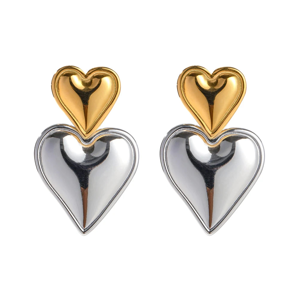 Elegant Double Heart Drop Earrings . 18K Gold Plated Stainless Steel with Smooth Titanium Finish, A Timeless Symbol of Love & Sophistication