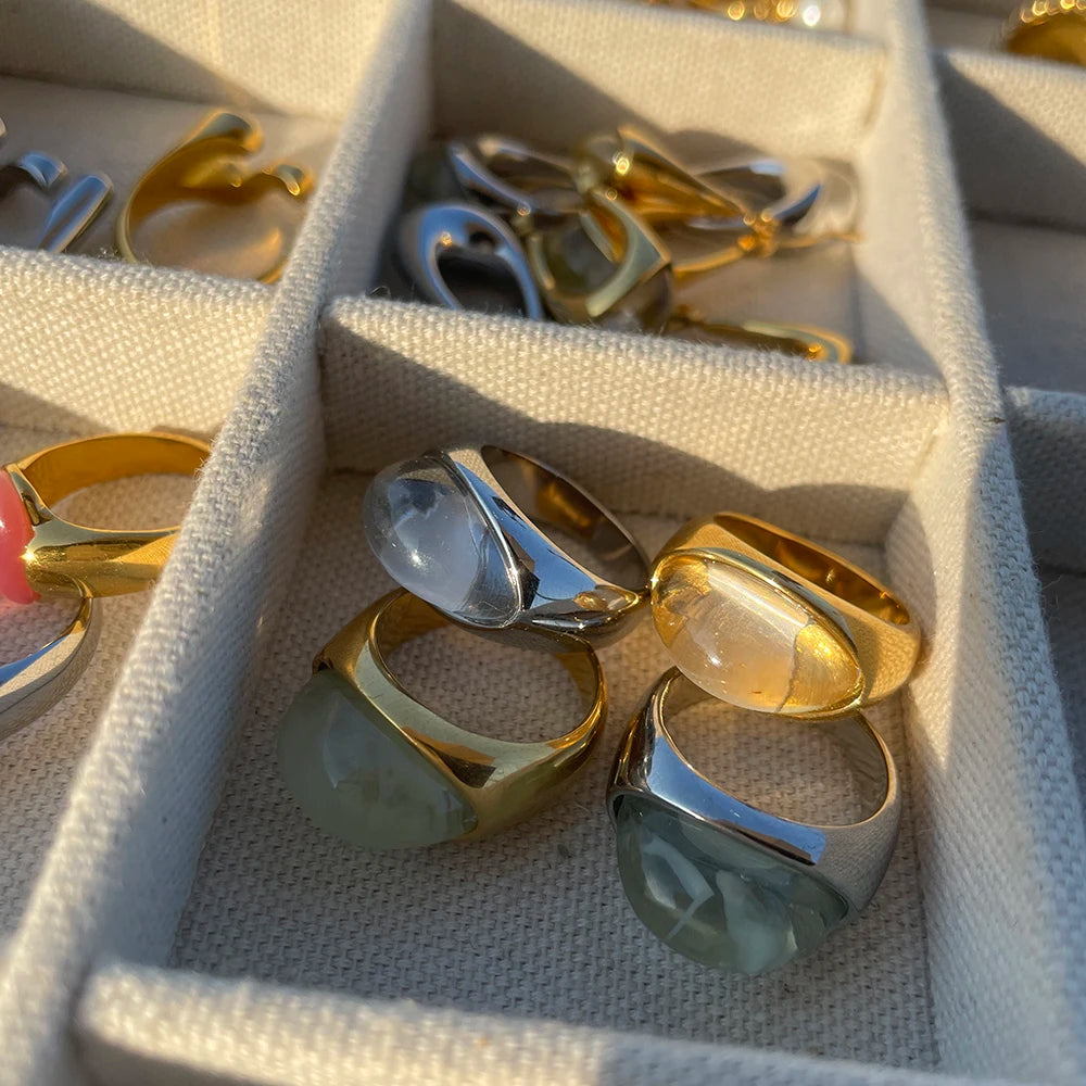 Unique Green Natural Stone Ring for Women . 18K Gold Plated Stainless Steel, Waterproof French Style Metal Band, Elegant & Trendy Statement Jewelry