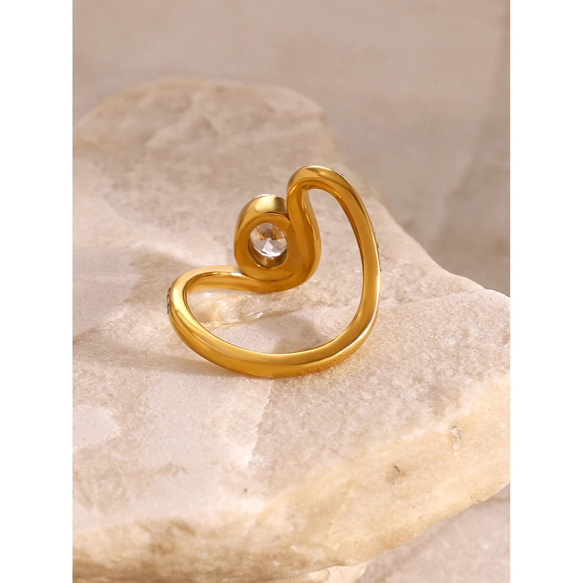 Luxury Open-End Geometric Ring for Women . Shiny AAA Cubic Zirconia, High-Quality Textured Stainless Steel, Waterproof Elegant Statement Jewelry