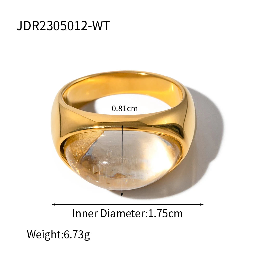 Unique Green Natural Stone Ring for Women . 18K Gold Plated Stainless Steel, Waterproof French Style Metal Band, Elegant & Trendy Statement Jewelry