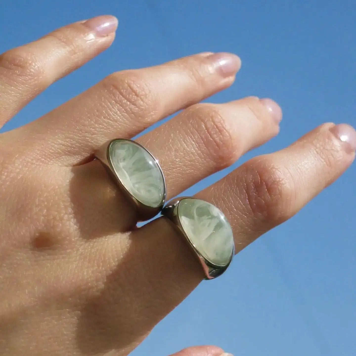 Unique Green Natural Stone Ring for Women . 18K Gold Plated Stainless Steel, Waterproof French Style Metal Band, Elegant & Trendy Statement Jewelry