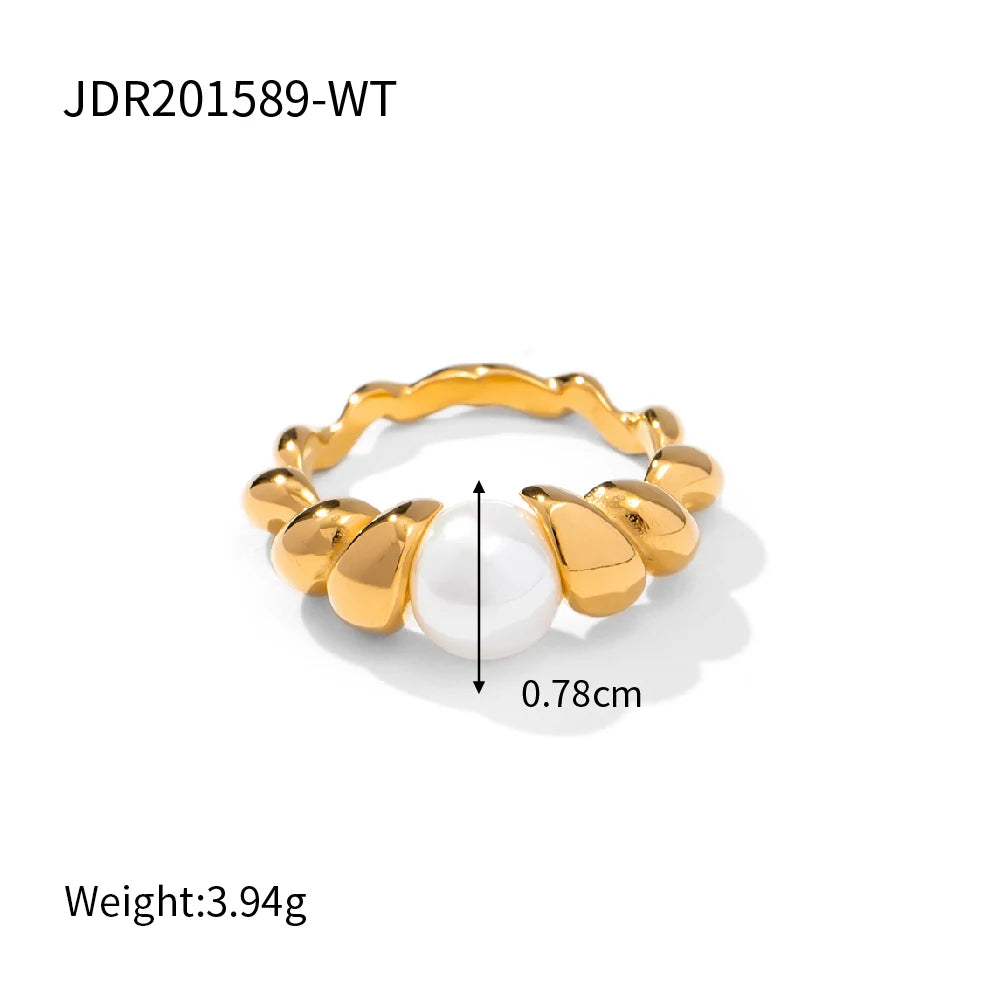 18K Gold-Plated Stainless Steel Shell Inlay Statement Ring . Textured Metal Fashion Jewelry for Women . Waterproof & Tarnish-Free