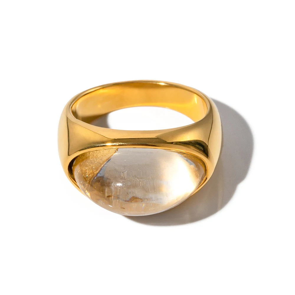 Unique Green Natural Stone Ring for Women . 18K Gold Plated Stainless Steel, Waterproof French Style Metal Band, Elegant & Trendy Statement Jewelry
