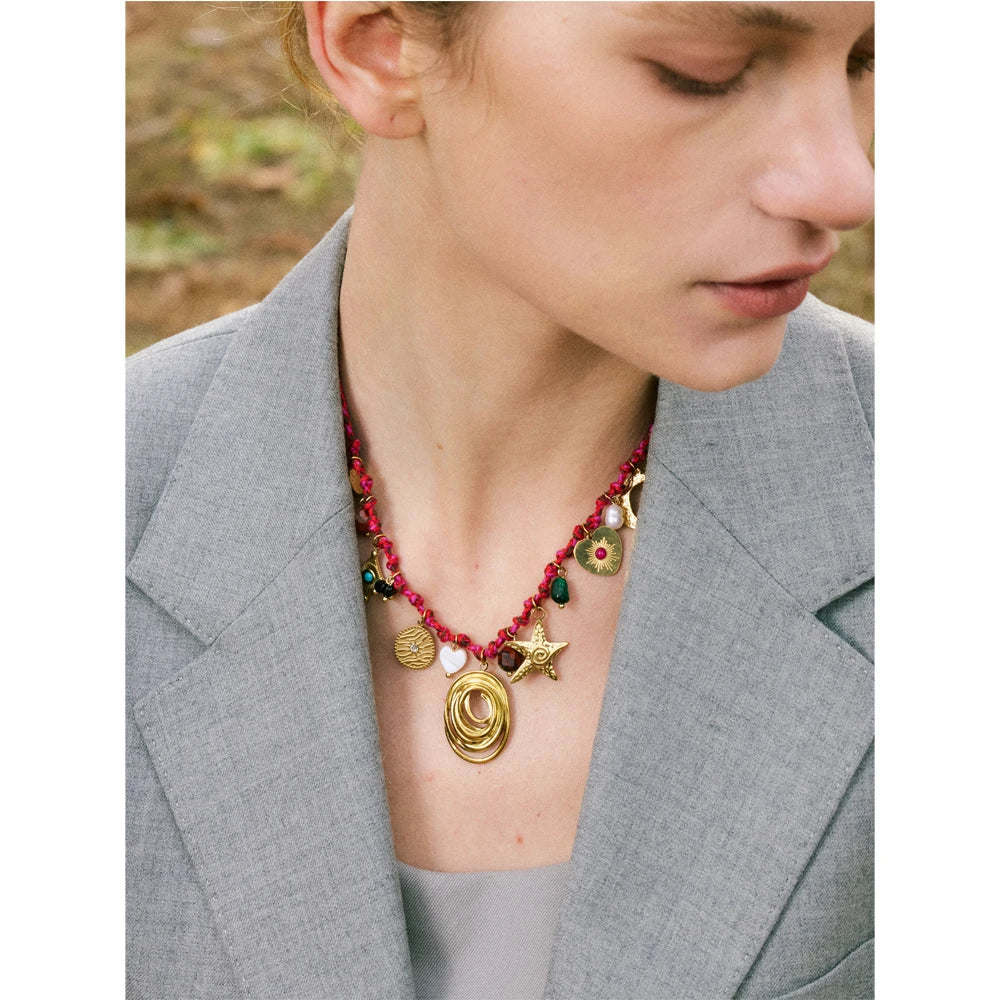 Boho-Chic Handmade Rope Necklace Featuring Braided Design, Natural Stone Drops, and Moon & Star Charms .Stainless Steel Details for a Durable Finish. A Perfect Piece for Summer Vibes