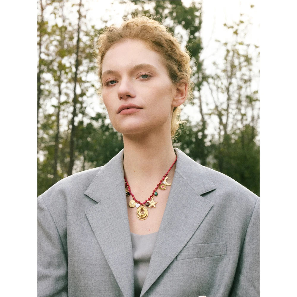Boho-Chic Handmade Rope Necklace Featuring Braided Design, Natural Stone Drops, and Moon & Star Charms .Stainless Steel Details for a Durable Finish. A Perfect Piece for Summer Vibes