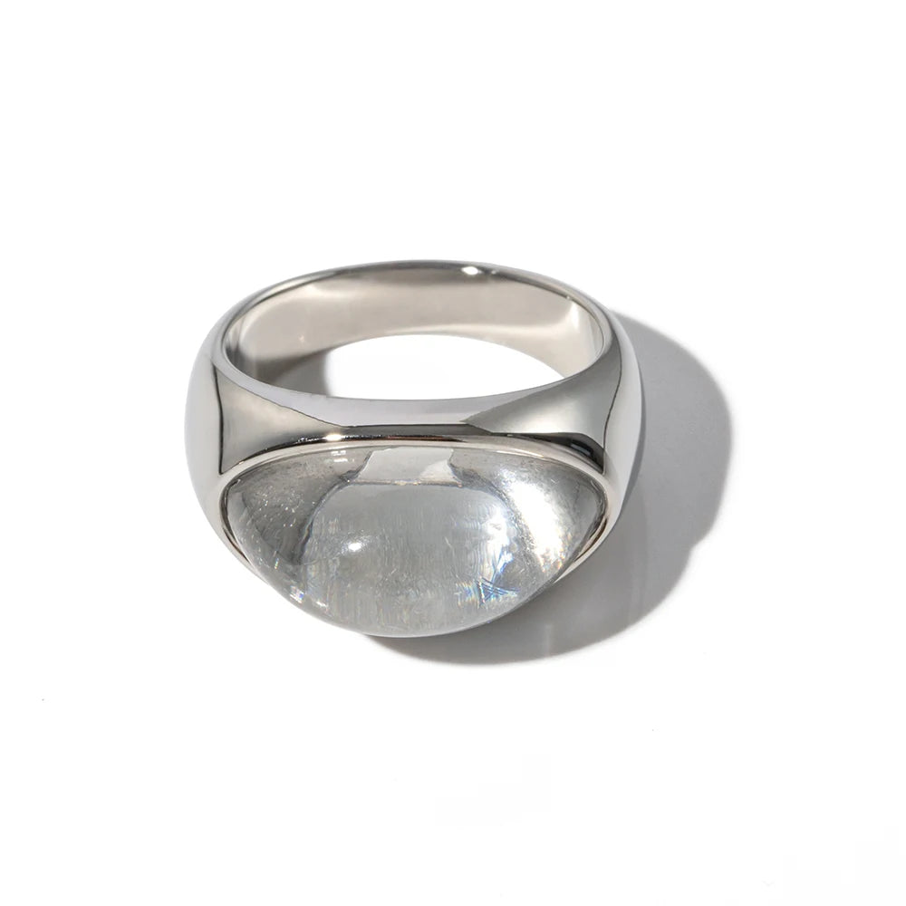 Unique Green Natural Stone Ring for Women . 18K Gold Plated Stainless Steel, Waterproof French Style Metal Band, Elegant & Trendy Statement Jewelry
