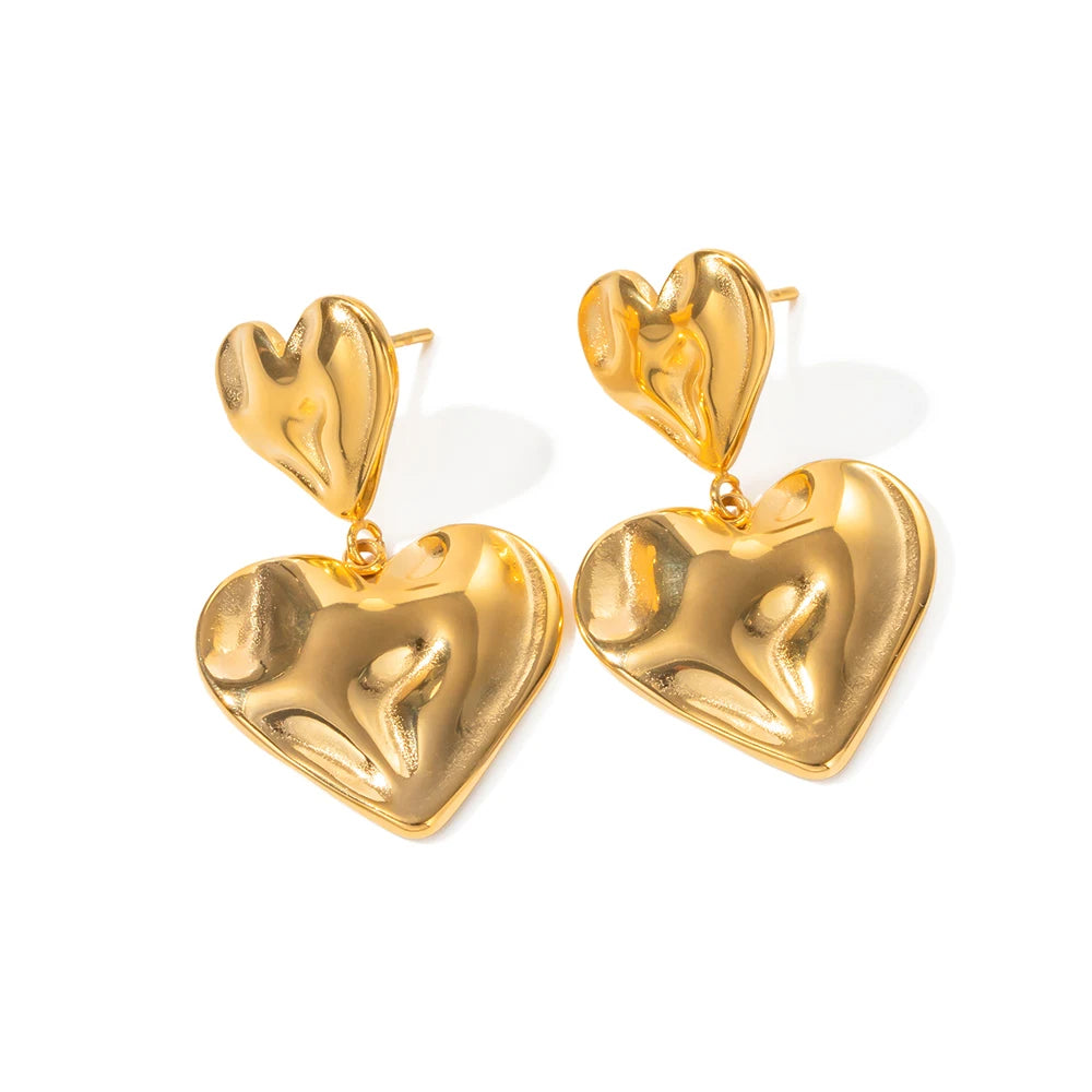 Elegant Double Heart Drop Earrings . 18K Gold Plated Stainless Steel with Smooth Titanium Finish, A Timeless Symbol of Love & Sophistication
