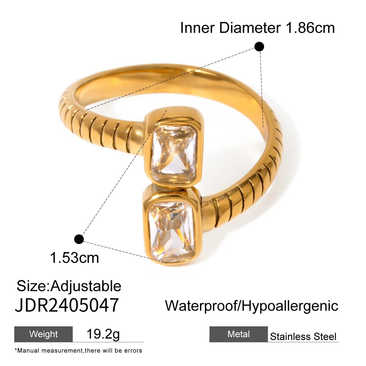 Luxury Open-End Geometric Ring for Women . Shiny AAA Cubic Zirconia, High-Quality Textured Stainless Steel, Waterproof Elegant Statement Jewelry