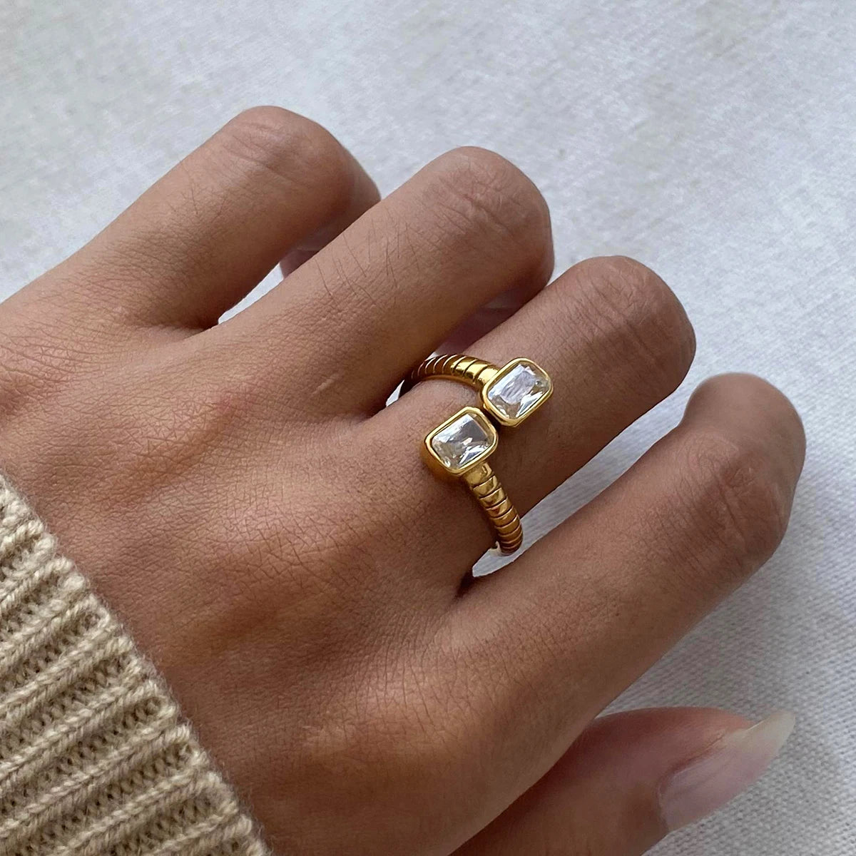 Luxury Open-End Geometric Ring for Women . Shiny AAA Cubic Zirconia, High-Quality Textured Stainless Steel, Waterproof Elegant Statement Jewelry
