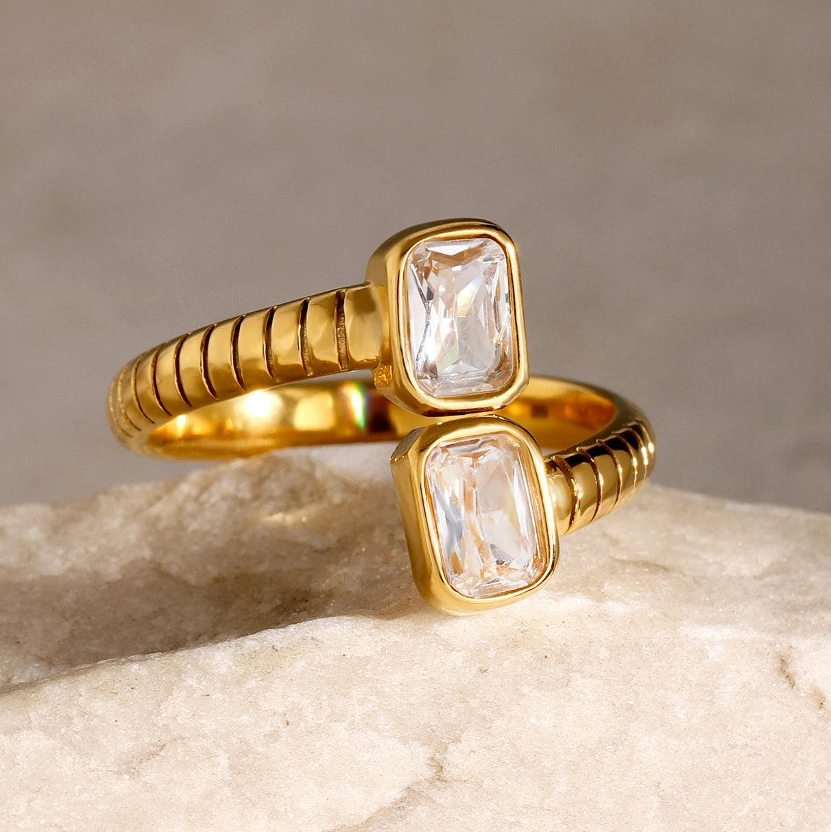 Luxury Open-End Geometric Ring for Women . Shiny AAA Cubic Zirconia, High-Quality Textured Stainless Steel, Waterproof Elegant Statement Jewelry