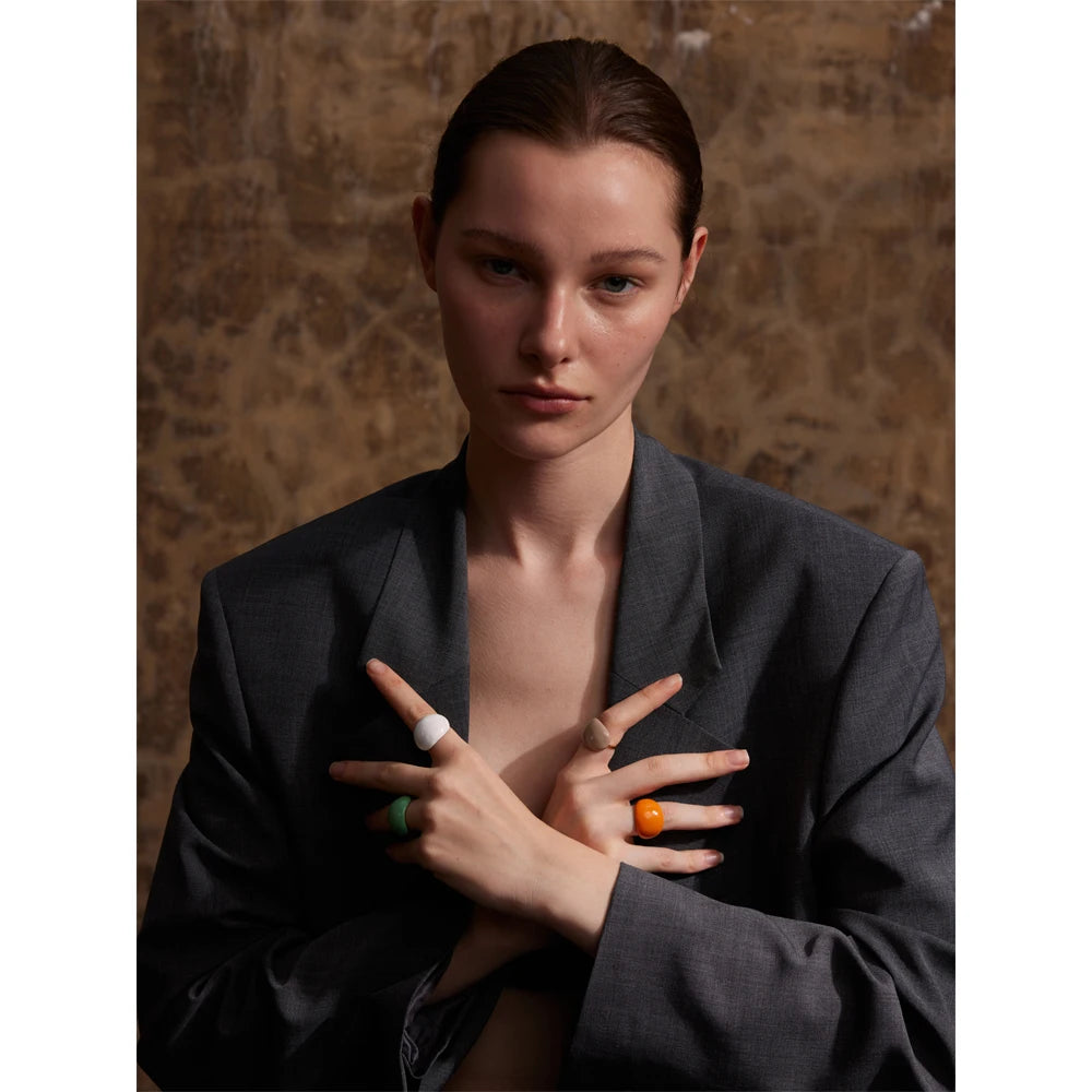 Joyful Multi-Color Ename Ring . Stainless Steel Fashion Jewelry, Waterproof Charm with Khaki, Orange, Blue & White Accents