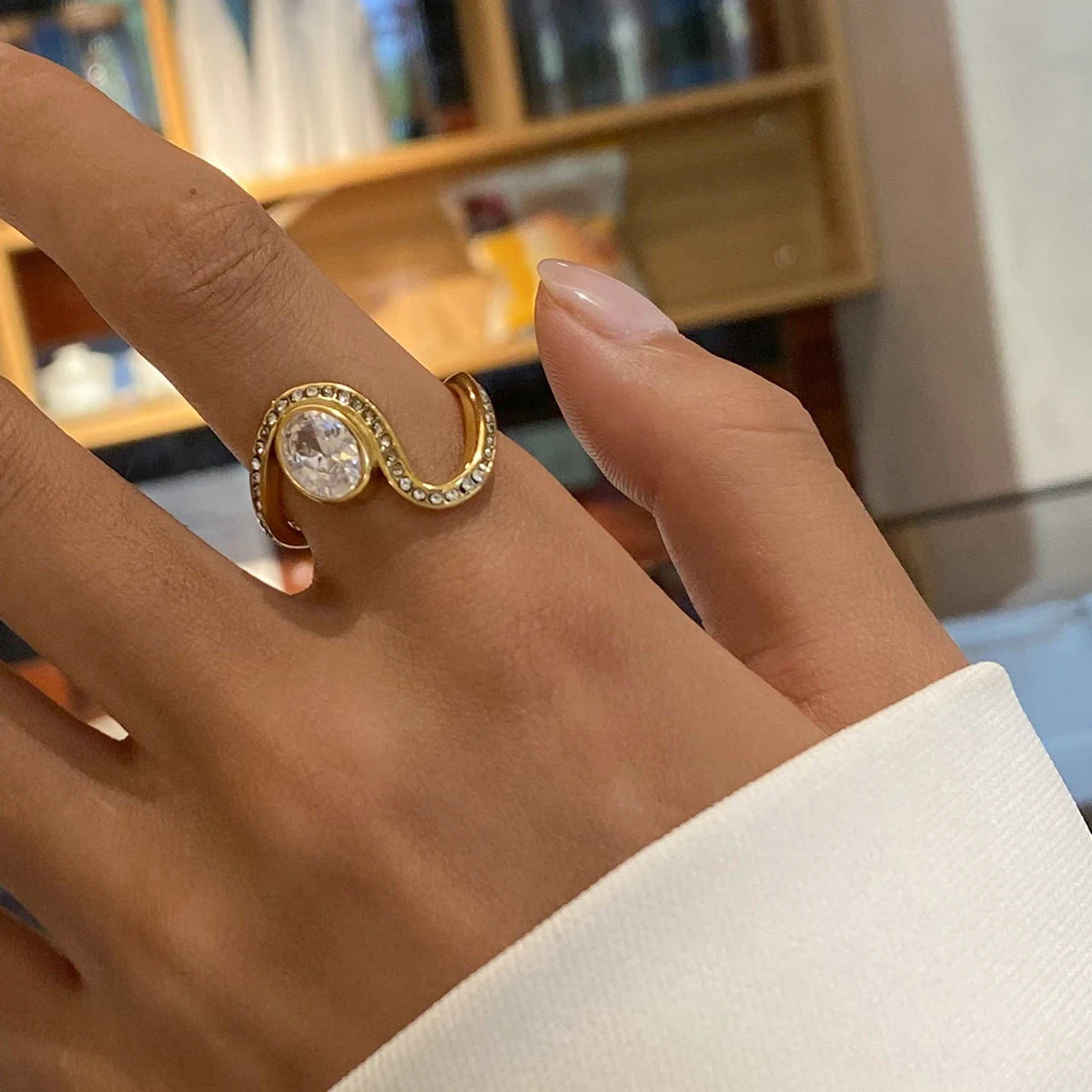 Luxury Open-End Geometric Ring for Women . Shiny AAA Cubic Zirconia, High-Quality Textured Stainless Steel, Waterproof Elegant Statement Jewelry