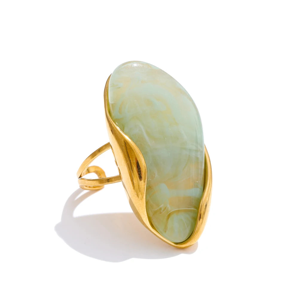 New Design Geometric Resin Ring . Brown, Green & Beige Colors with Golden PVD Plated 316L Stainless Steel, Rust-Proof Finger Jewelry for Women