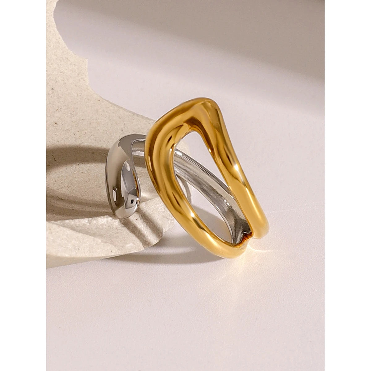 Asymmetric Colorblock Cross Open Ring for Women .Trendy 18K Gold PVD Stainless Steel Waterproof Statement Jewelry