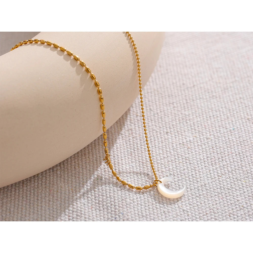 Chic Moon Pendant Necklace Featuring White Shell, Gold Beads, and Zircon Charms on a Stainless Steel Chain . A Delicate and Unique Piece, Perfect for Summer Vibes