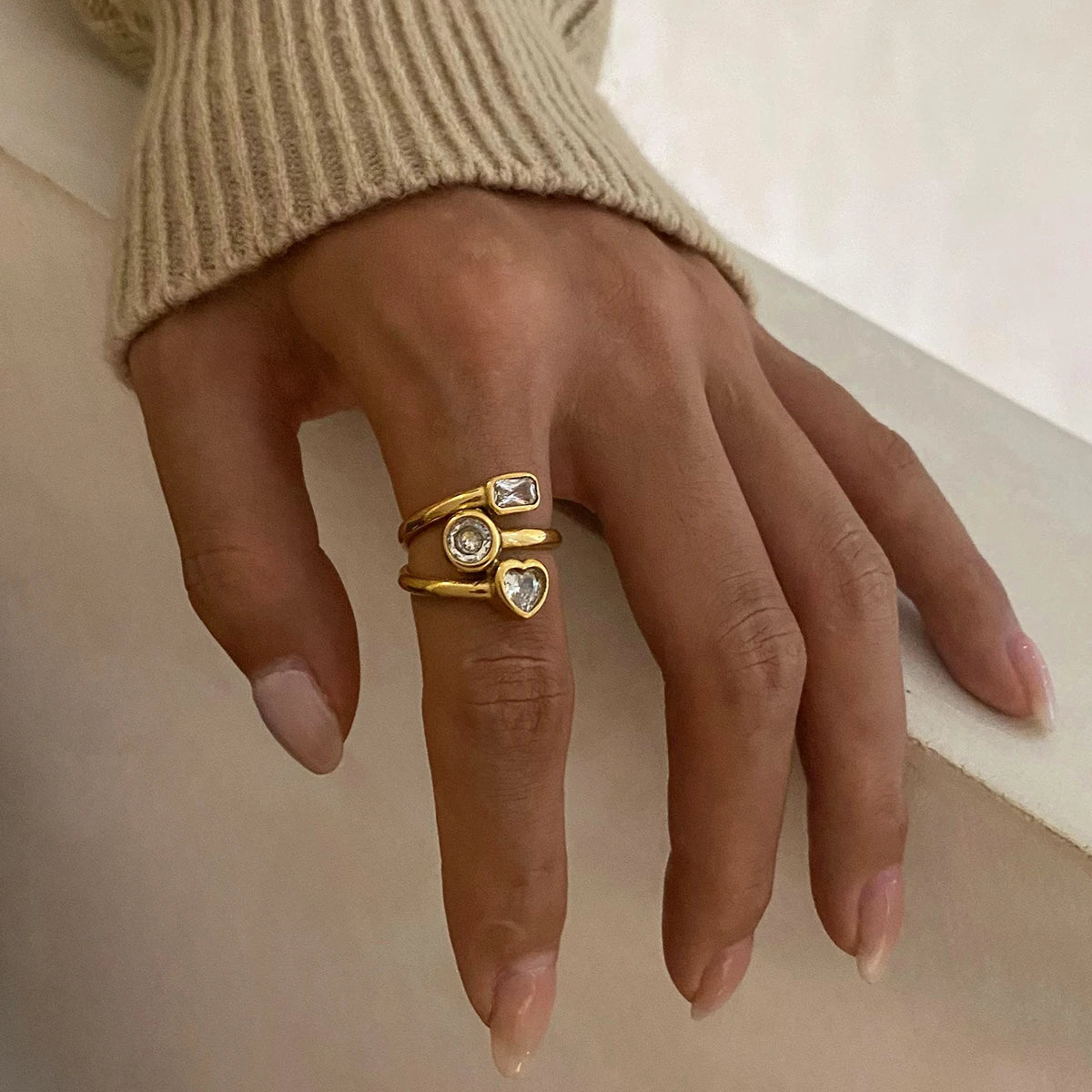 Luxury Open-End Geometric Ring for Women . Shiny AAA Cubic Zirconia, High-Quality Textured Stainless Steel, Waterproof Elegant Statement Jewelry
