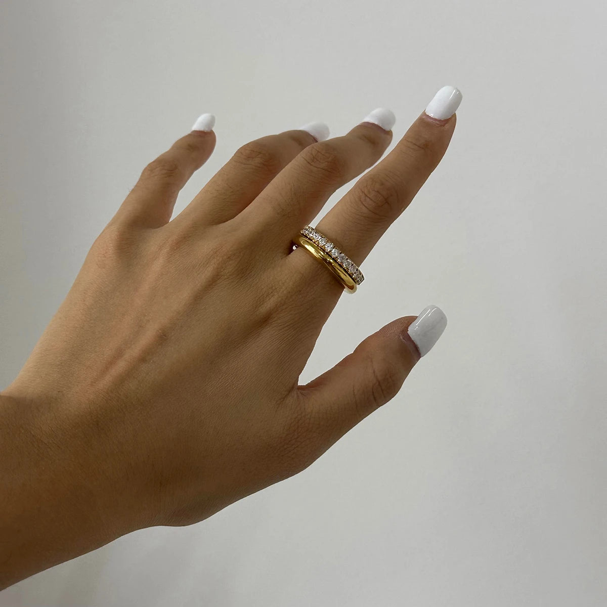 Minimalism Glossy Shine Double Layer Ring . Stainless Steel with White Cubic Zirconia Inlay, Waterproof and Elegant Jewelry for Women