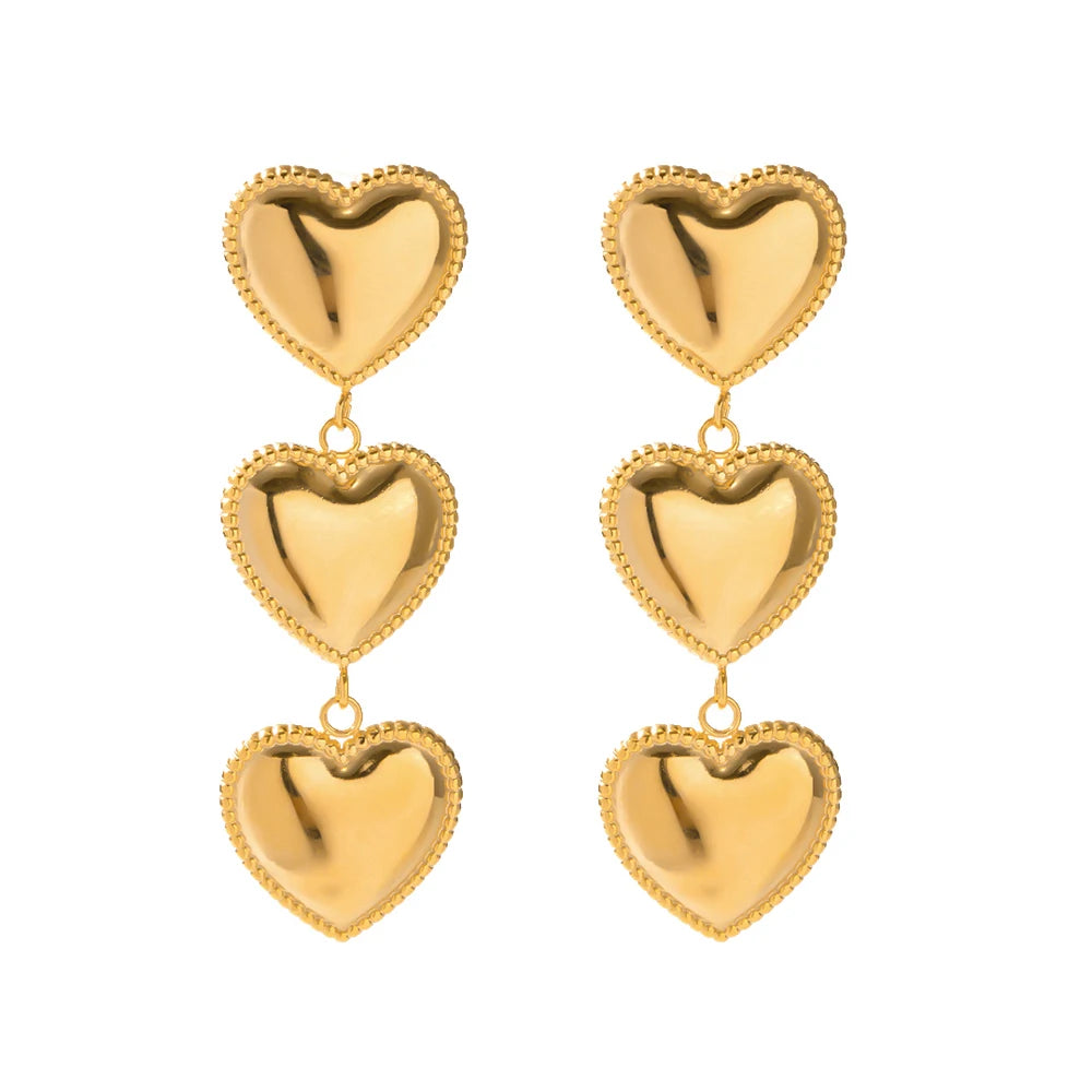 Elegant Double Heart Drop Earrings . 18K Gold Plated Stainless Steel with Smooth Titanium Finish, A Timeless Symbol of Love & Sophistication