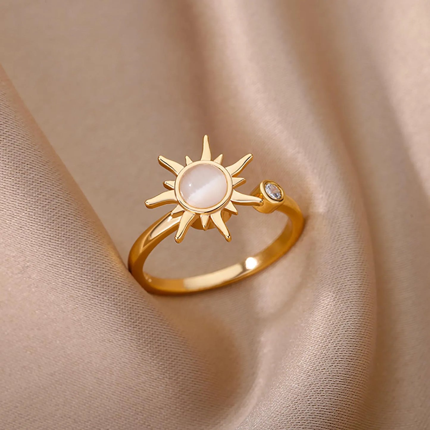 Rotating Sun Opal Open Ring for Women .Retro Charm Design with Durable Stainless Steel Adjustable Band, Unique and Eye-Catching Statement Jewelry Piece