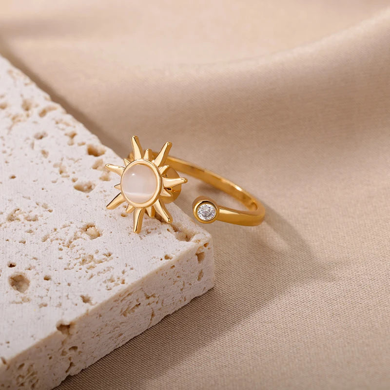 Rotating Sun Opal Open Ring for Women .Retro Charm Design with Durable Stainless Steel Adjustable Band, Unique and Eye-Catching Statement Jewelry Piece