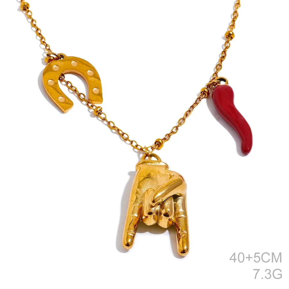 Creative 316L Stainless Steel Necklace Featuring Palm, Red Chili & Heart Charms . A Bold and Personalized Accessory, Perfect for Fun Summer Vibes