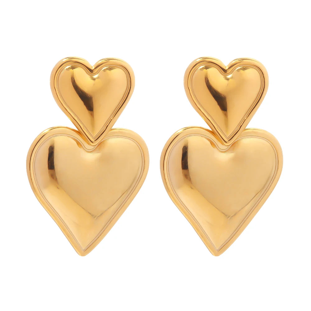 Elegant Double Heart Drop Earrings . 18K Gold Plated Stainless Steel with Smooth Titanium Finish, A Timeless Symbol of Love & Sophistication