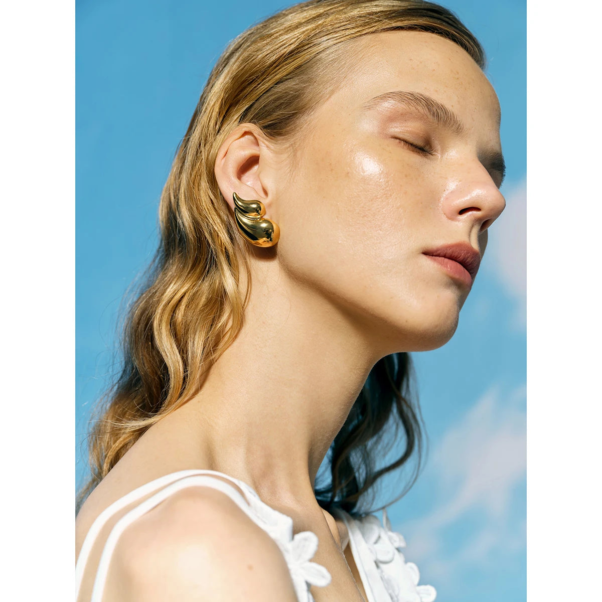 Golden Water Drop Stud Earrings . Geometric Stainless Steel Statement Jewelry . Cast Metal Waterproof Earrings for Women