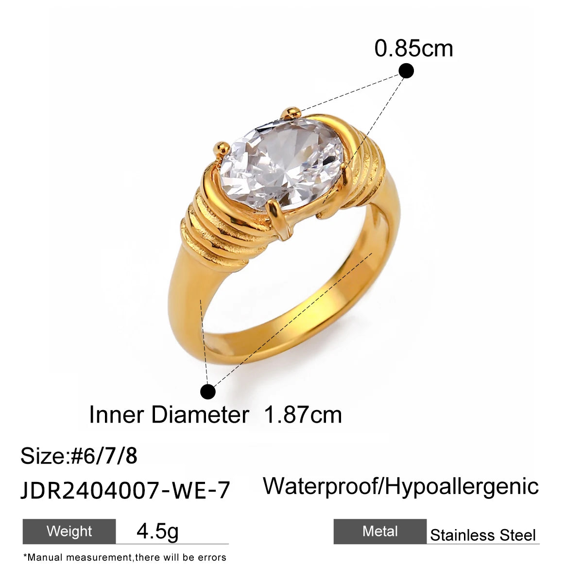 Elegant Waterproof Stainless Steel Ring for Women . 18K Gold Color Plated with Sparkling Cubic Zirconia, Perfect for Engagements or Everyday Chic