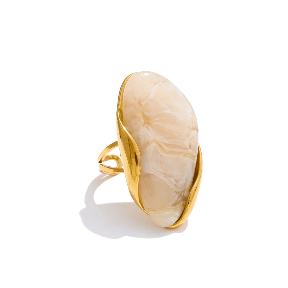 New Design Geometric Resin Ring . Brown, Green & Beige Colors with Golden PVD Plated 316L Stainless Steel, Rust-Proof Finger Jewelry for Women