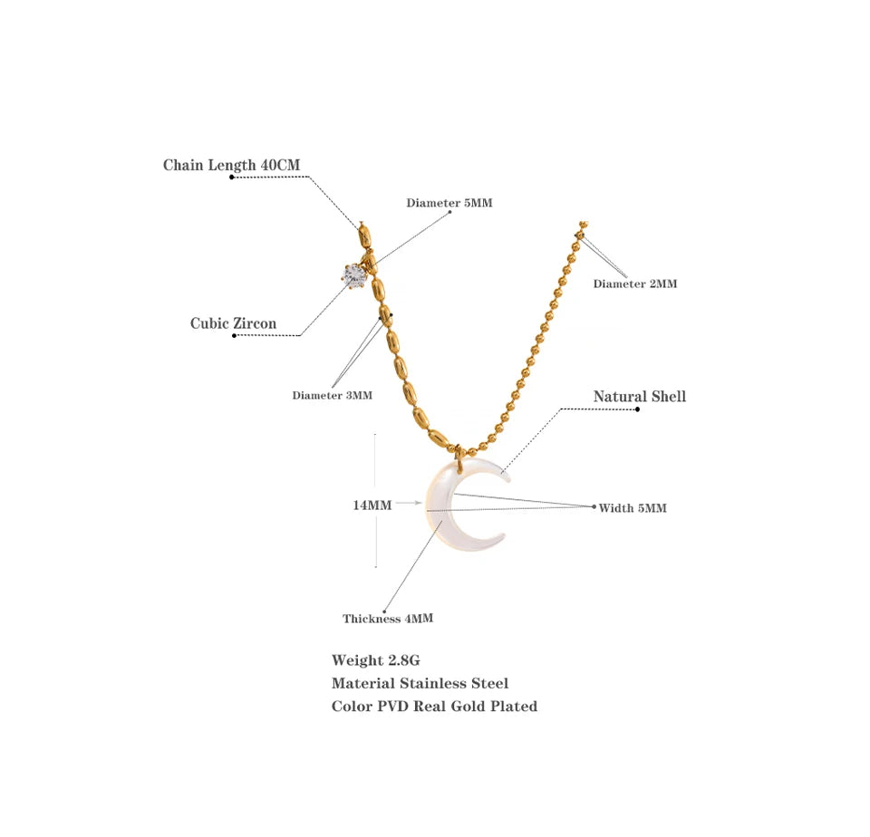 Chic Moon Pendant Necklace Featuring White Shell, Gold Beads, and Zircon Charms on a Stainless Steel Chain . A Delicate and Unique Piece, Perfect for Summer Vibes