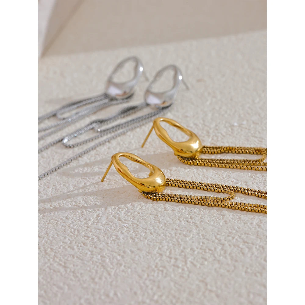 316L Stainless Steel Geometric Tassel Chain Drop Dangle Earrings .Elegant Waterproof Jewelry for Women, Popular Temperament Statement Accessory