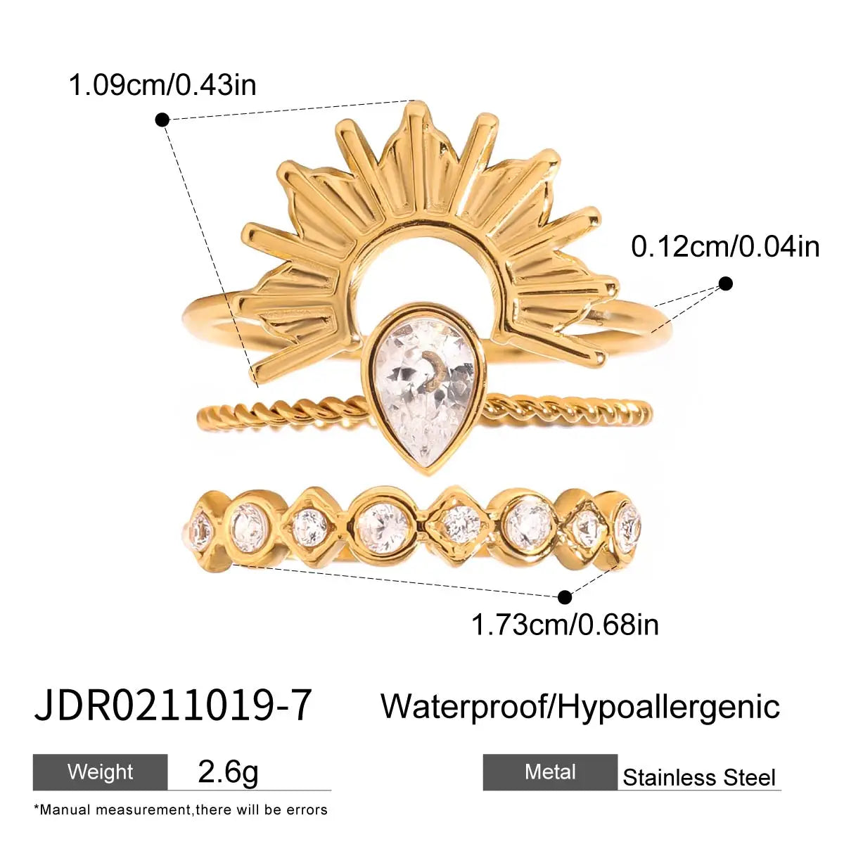 Minimalist 3-Piece Ring Set . Stainless Steel Stackable Rings with Zircon Accents and Ribbed Flower Detail for Effortless Style