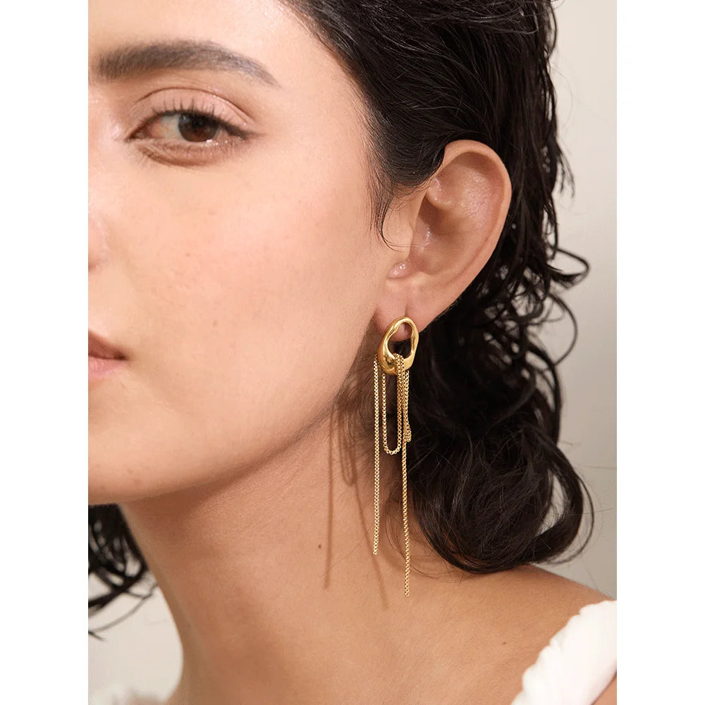 316L Stainless Steel Geometric Tassel Chain Drop Dangle Earrings .Elegant Waterproof Jewelry for Women, Popular Temperament Statement Accessory