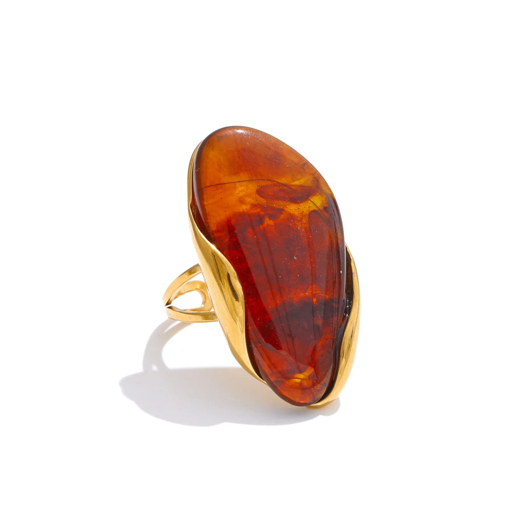New Design Geometric Resin Ring . Brown, Green & Beige Colors with Golden PVD Plated 316L Stainless Steel, Rust-Proof Finger Jewelry for Women