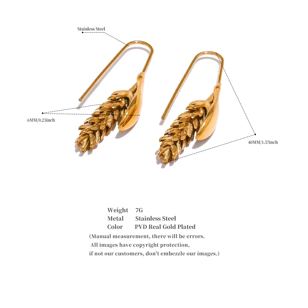 New 316L Stainless Steel Ear of Wheat Earrings . 18K Gold Plated, Water-Resistant Fashion Statement Jewelry for Women, Unique Personal Accessory