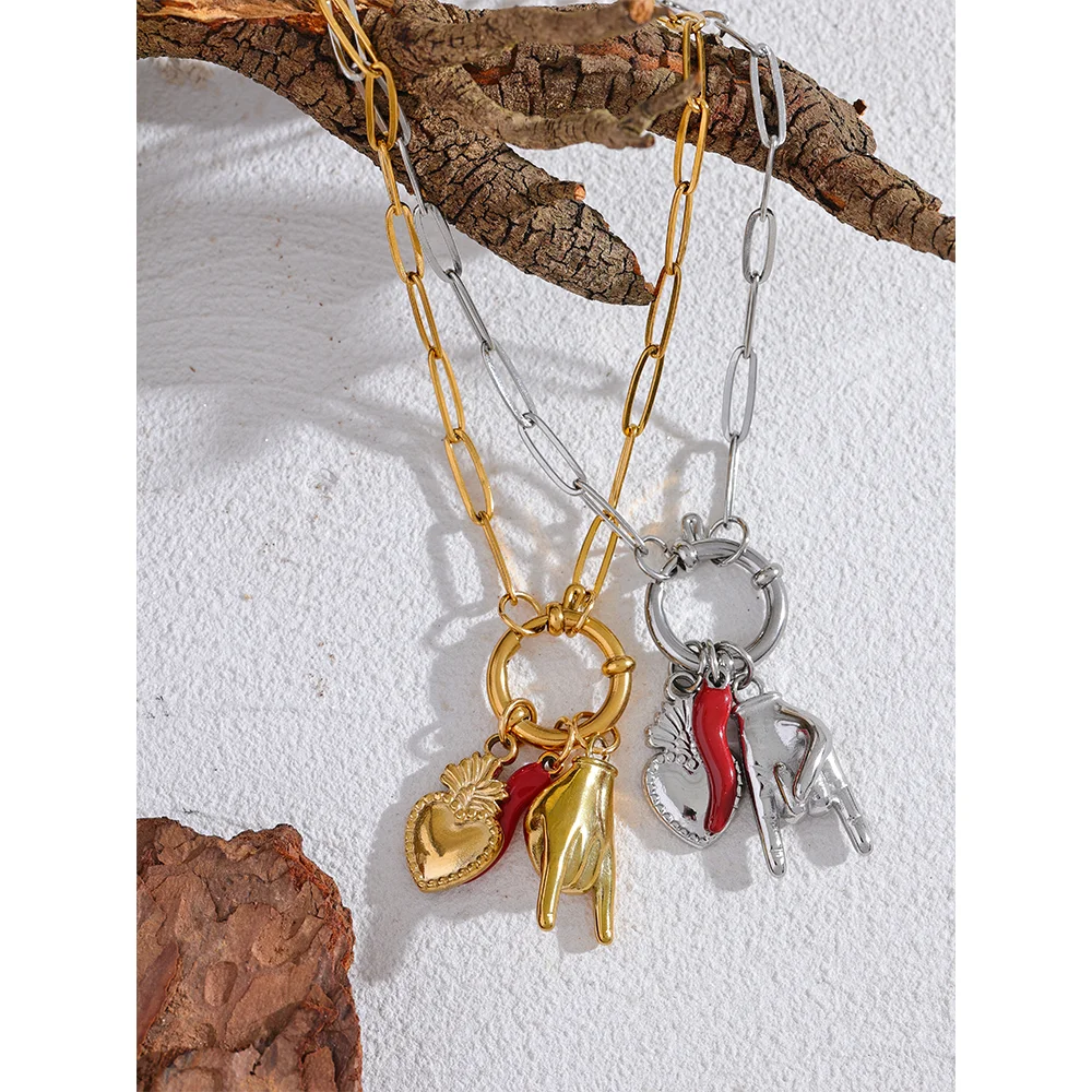 Creative 316L Stainless Steel Necklace Featuring Palm, Red Chili & Heart Charms . A Bold and Personalized Accessory, Perfect for Fun Summer Vibes
