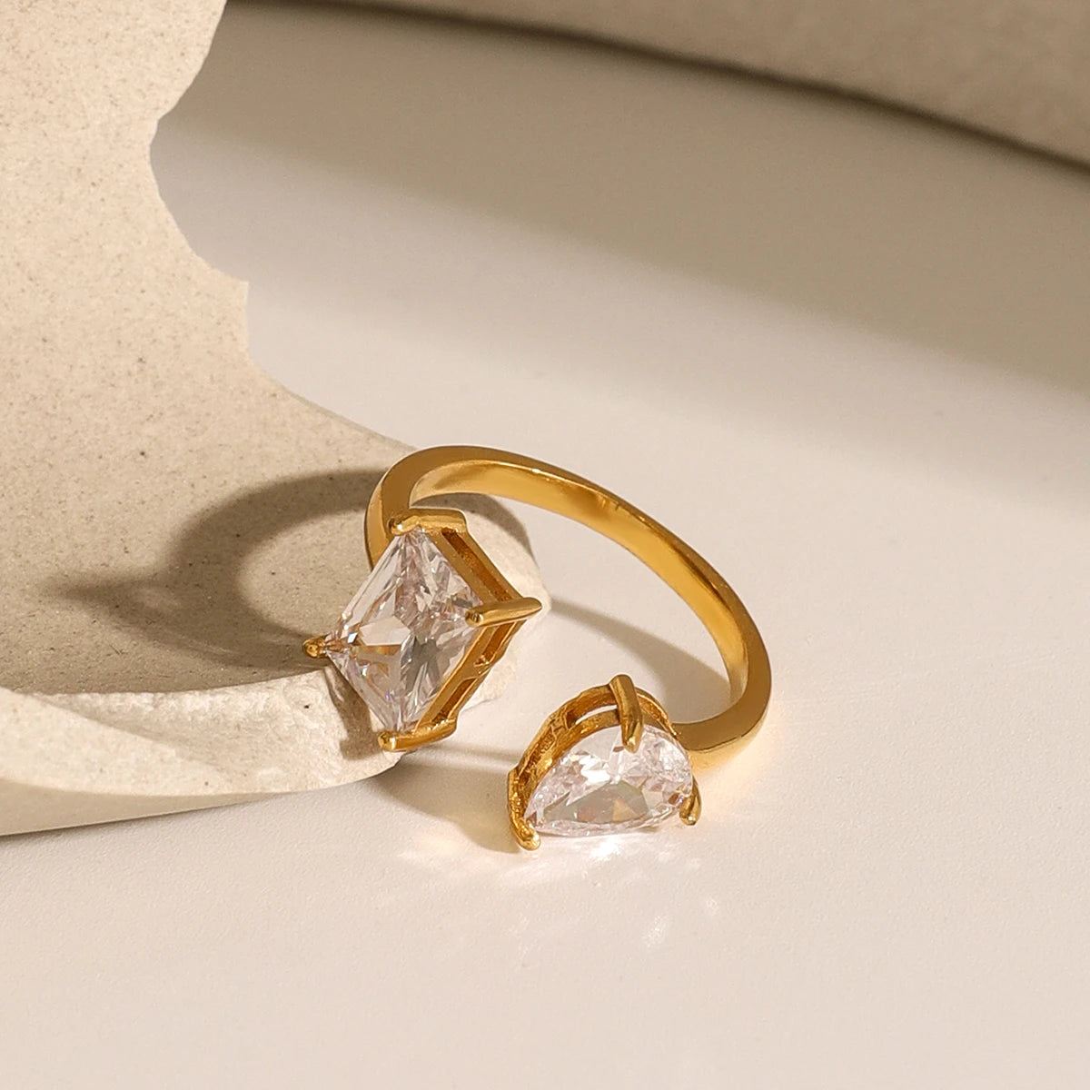 Luxury Open-End Geometric Ring for Women . Shiny AAA Cubic Zirconia, High-Quality Textured Stainless Steel, Waterproof Elegant Statement Jewelry