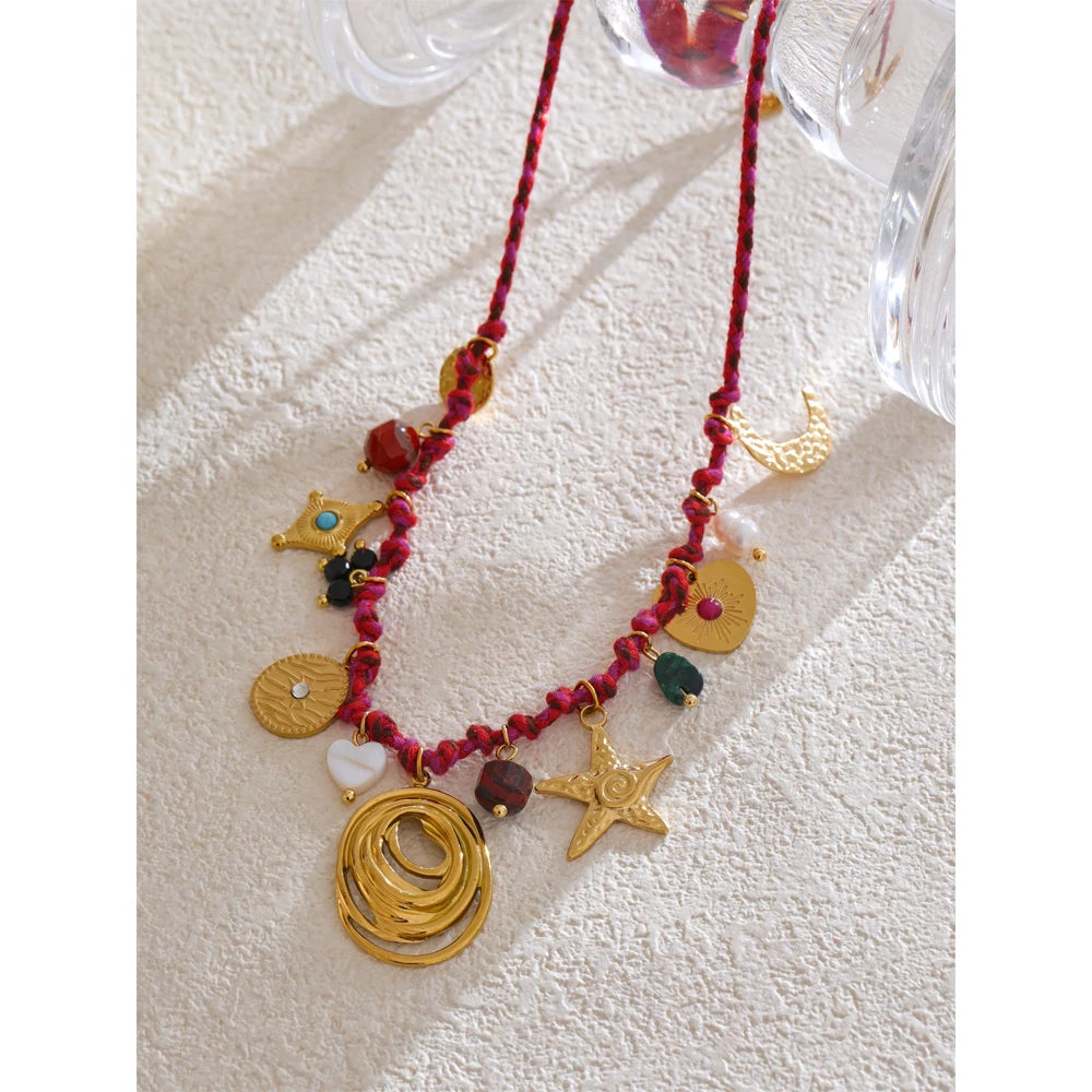 Boho-Chic Handmade Rope Necklace Featuring Braided Design, Natural Stone Drops, and Moon & Star Charms .Stainless Steel Details for a Durable Finish. A Perfect Piece for Summer Vibes