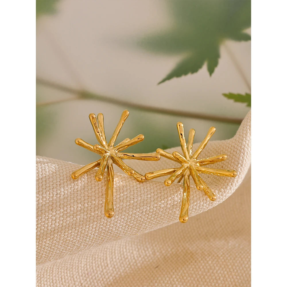18K PVD Gold Plated 316L Stainless Steel Firework Textured Cast Stud Earrings . Waterproof Chic Charm Jewelry for Women