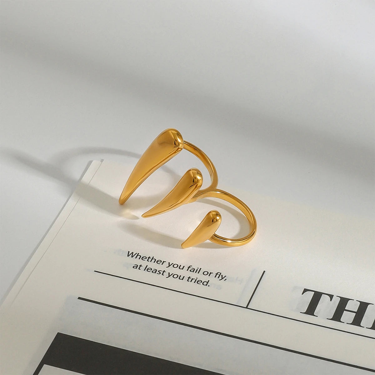 Bold Minimalist Claw Ring .18K Gold Color Plated Stainless Steel Double Finger Statement Ring with Sleek Stacked Lines for Modern Women
