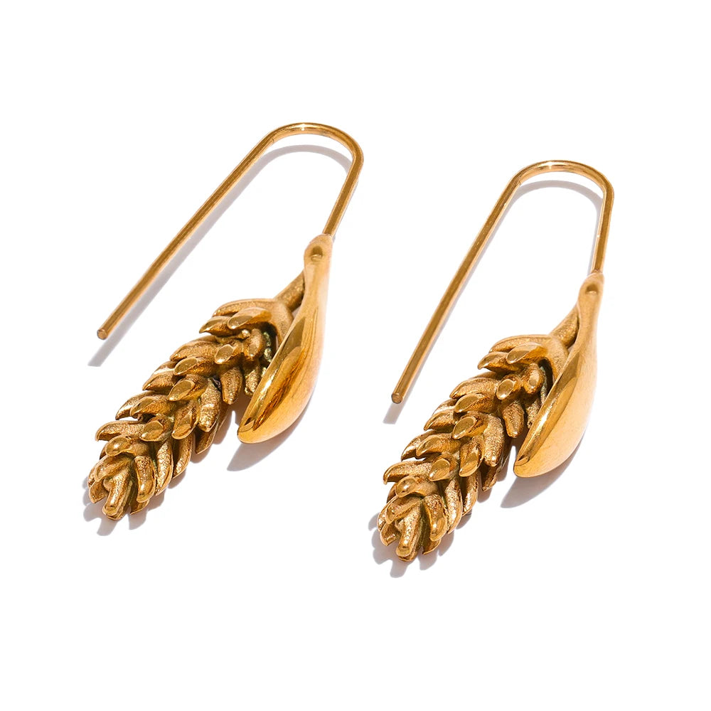 New 316L Stainless Steel Ear of Wheat Earrings . 18K Gold Plated, Water-Resistant Fashion Statement Jewelry for Women, Unique Personal Accessory