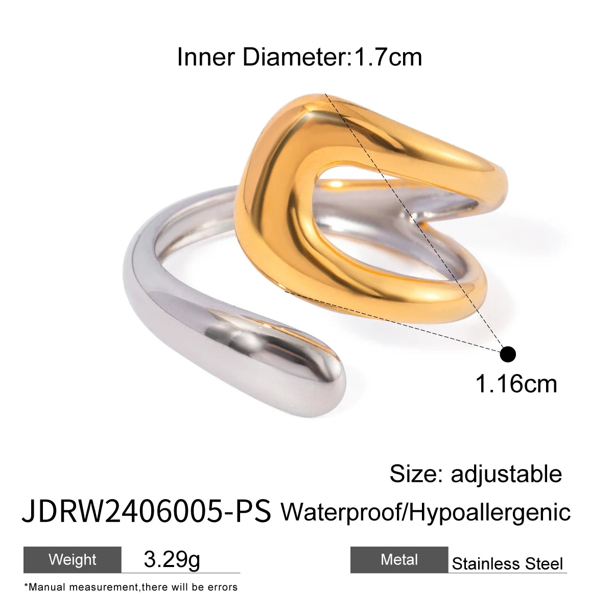 Asymmetric Colorblock Cross Open Ring for Women .Trendy 18K Gold PVD Stainless Steel Waterproof Statement Jewelry
