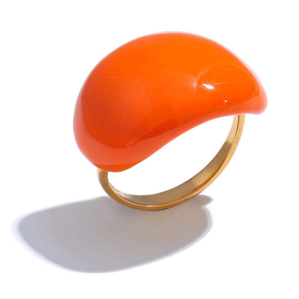 Joyful Multi-Color Ename Ring . Stainless Steel Fashion Jewelry, Waterproof Charm with Khaki, Orange, Blue & White Accents