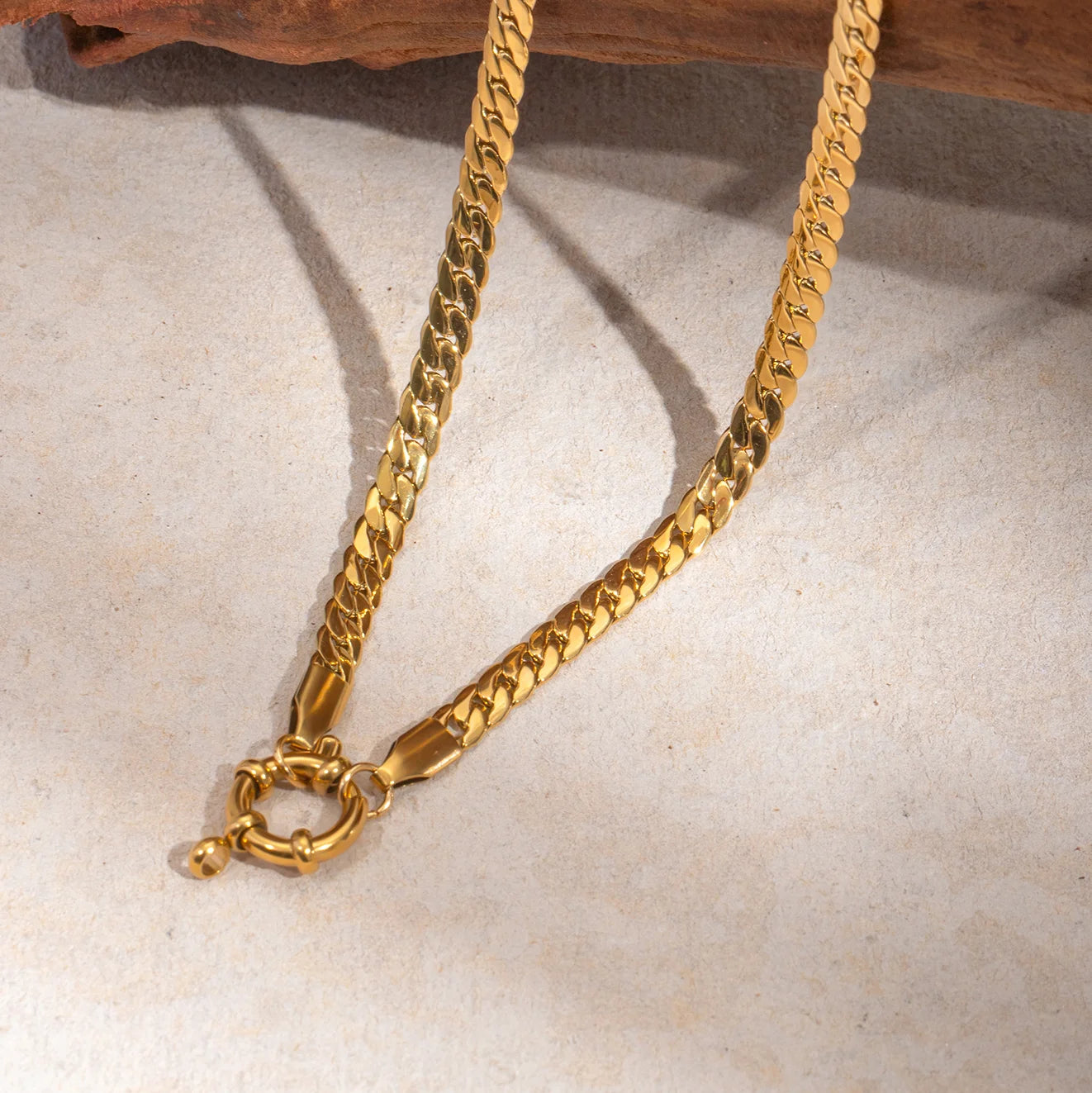 18K Gold-Plated Stainless Steel Chain Necklace . Textured Titanium Charm Collar Jewelry . Waterproof Elegant Collier Femme