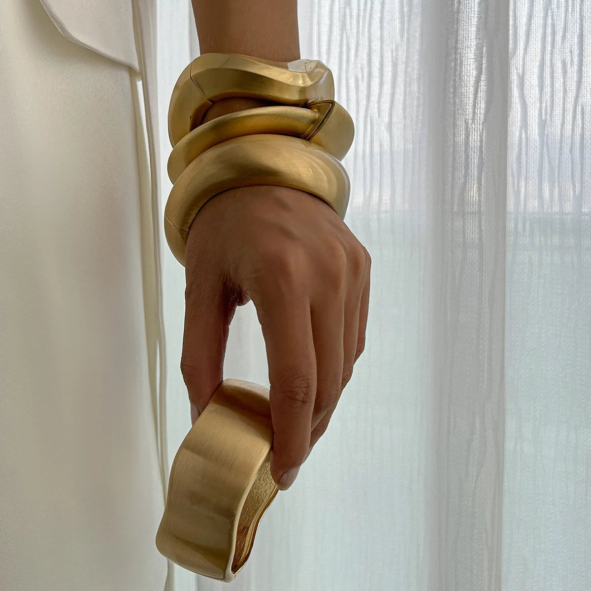 Chunky Wide Metal Water Drop Bangle . Bold Open Cuff Bracelet in Gold Color with Thick Irregular Wave Design, A Statement Piece of Jewelry for Women