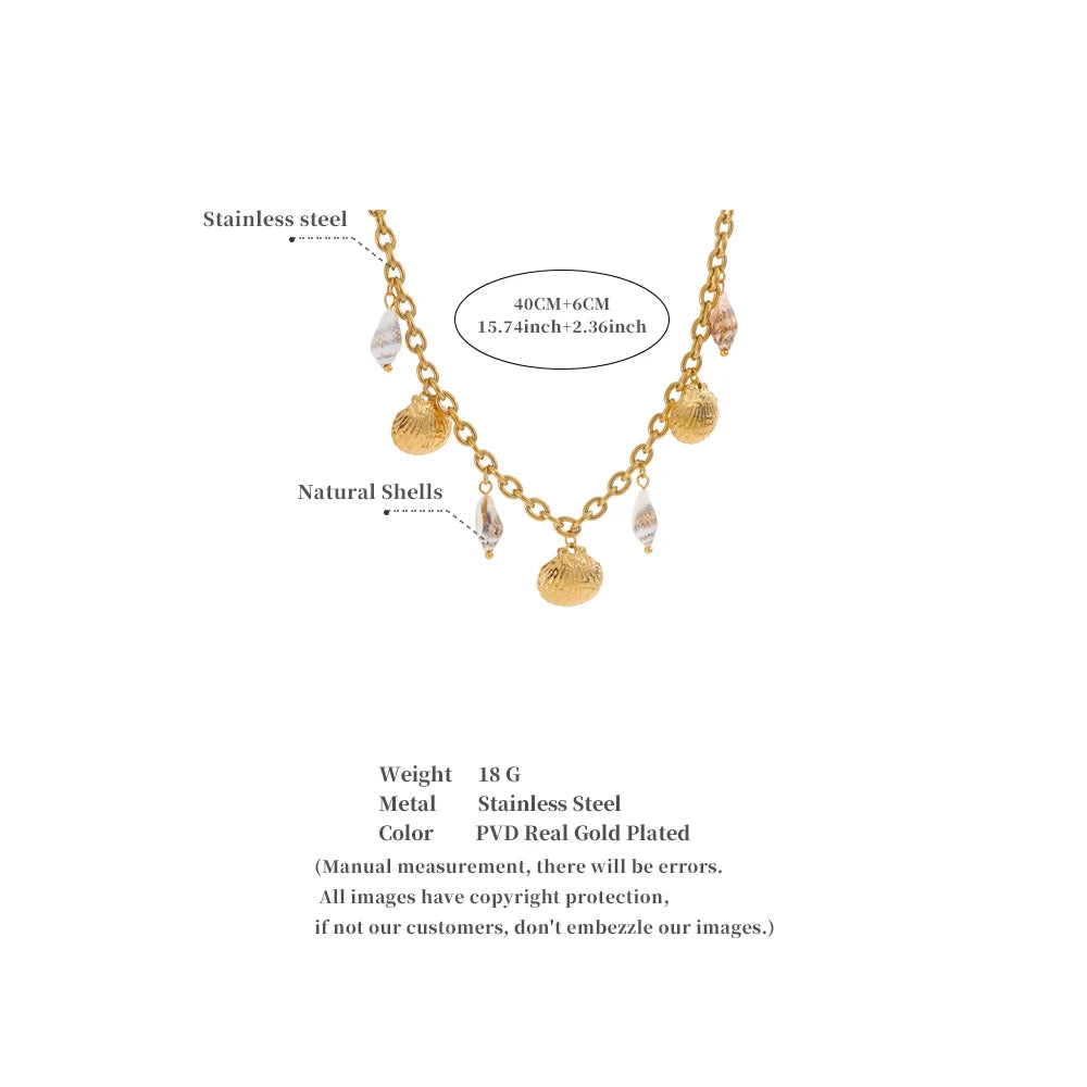 Handmade 18K Gold PVD Plated Necklace Featuring a Natural Shell Charm . Waterproof and Stylish, the Perfect Holiday Accessory for Radiant Summer Vibes