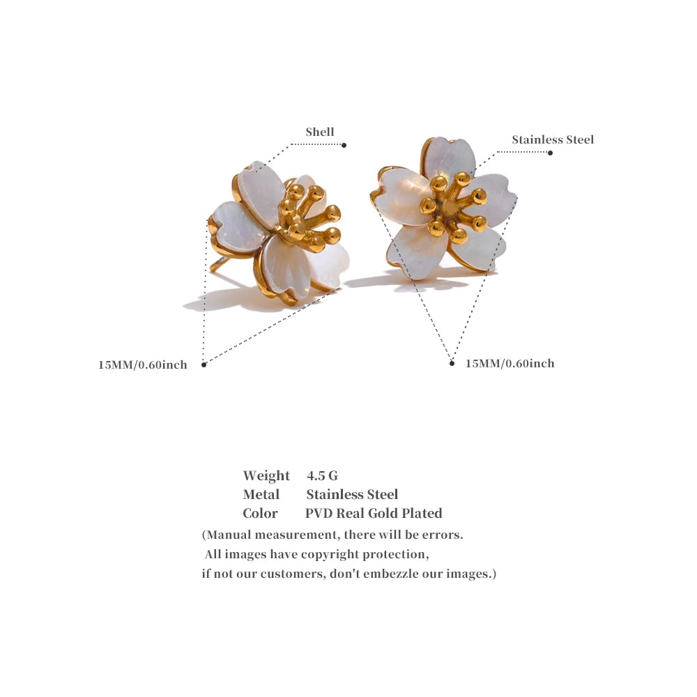 High-Quality Natural Shell Flower Stud Earrings . 18K Gold Plated Stainless Steel, Hypoallergenic Daily Jewelry for Women, Exquisite Elegant Design