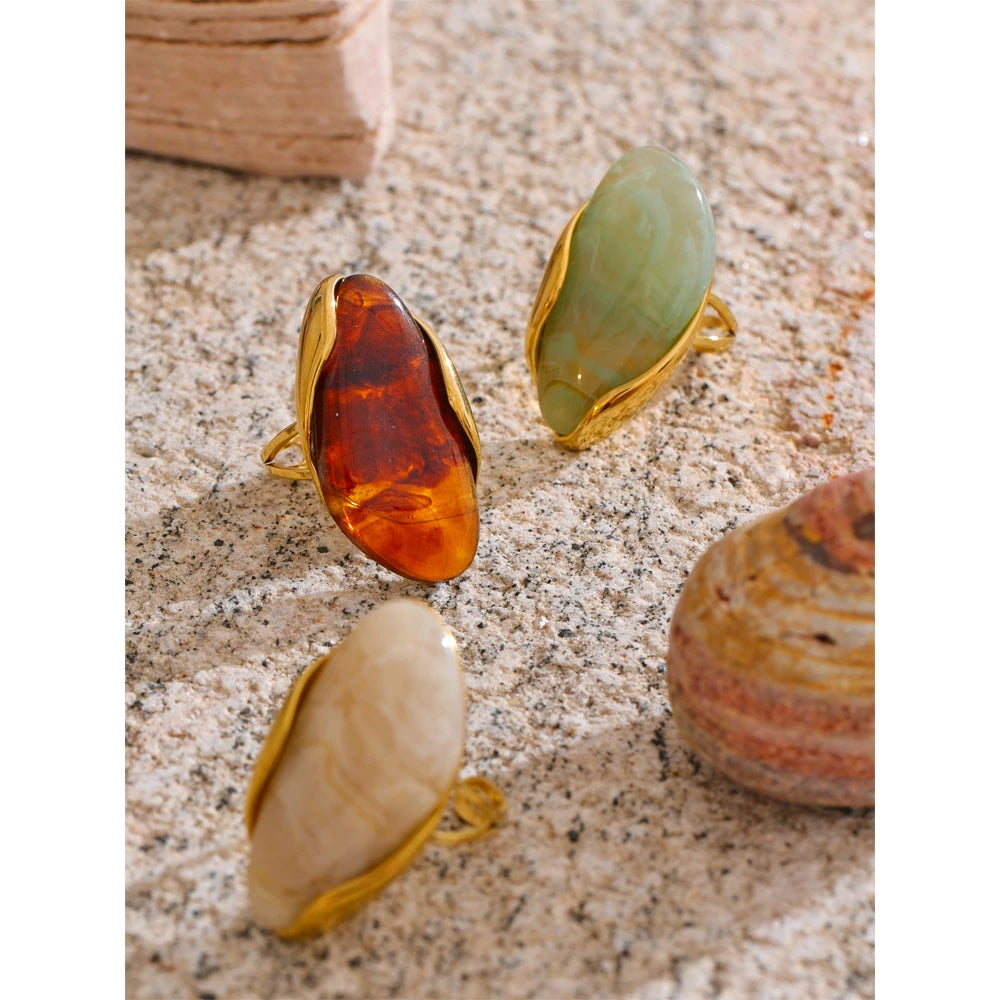 New Design Geometric Resin Ring . Brown, Green & Beige Colors with Golden PVD Plated 316L Stainless Steel, Rust-Proof Finger Jewelry for Women