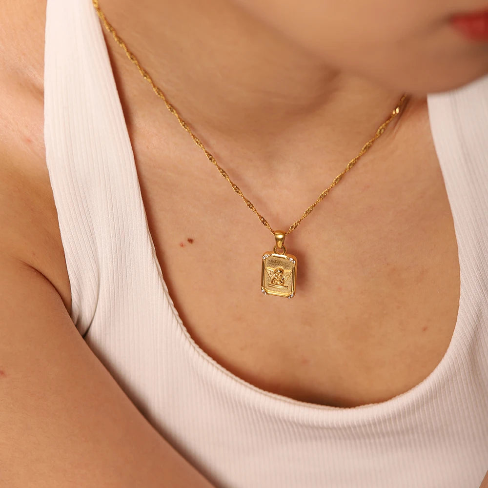 316L Stainless Steel Angel Pendant Necklace for Women .Waterproof, Simple & Fashionable Design with Textured Metal Finish, Trendy Everyday Jewelry